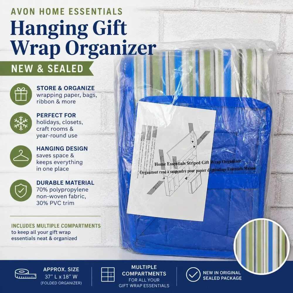 Avon Hanging Gift Wrap Organizer Striped Blue Green Storage Bag New Sealed